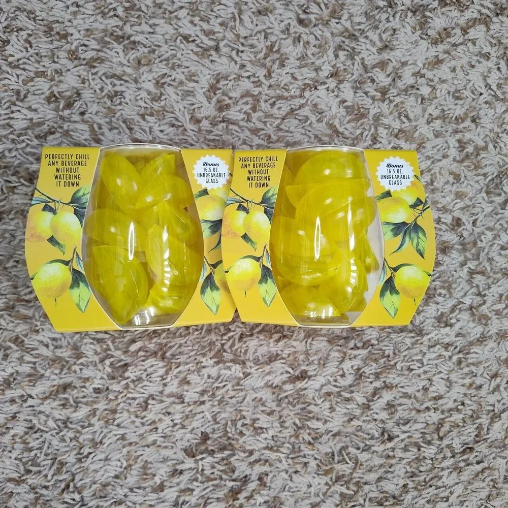 Reusable Ice Cubes Drink Chillers 24 Piece‎ Lemons with 16oz Unbreakable Glasses